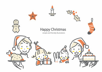 クリスマスを楽しむ4人家族　シンプルでお洒落な線画イラスト