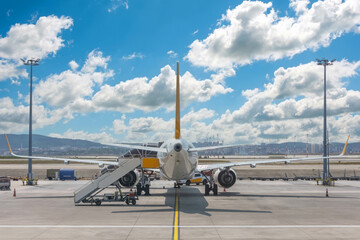 Rear back view. Airplane aircraft parked during pre-flight service preparation for flight, next...