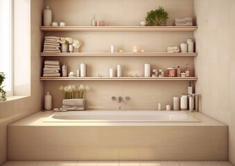 Fototapeta na wymiar Modern interior bathroom with bathtub and shelves in beige colors and window.Macro.AI Generative