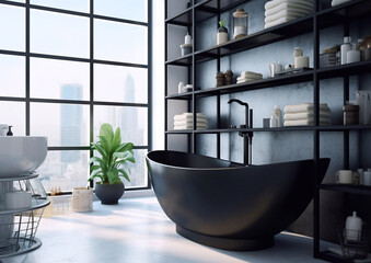 Penthouse bathroom with large window with black bathtub and modern style interiour.Macro.AI Generative