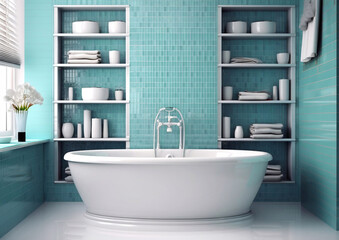 Fototapeta na wymiar Modern interior bathroom with bathtub and shelves in blue marine colors and window.Macro.AI Generative