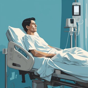 unkenntlicher mann im krankenhaus krankenbett hospital liege tropf undall krankheit krebs heilung arzt patient  verfügung sterbehilfe patientenvollmacht fiktkiv generative ki