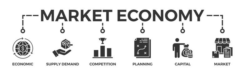 Market economy banner web icon vector illustration concept with icon of economic, supply demand, competition, planning, capital, market