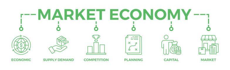 Market economy banner web icon vector illustration concept with icon of economic, supply demand, competition, planning, capital, market