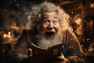 Fototapeta premium Cheerful amazed Santa Claus in workshop opening magic book. Christmas fairytale