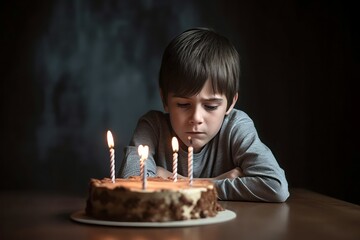 Sad boy cake. Lonely upset boy celebrating birthday. Generate ai