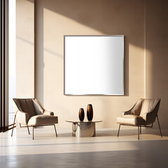 Interior of a room with a coffee table chairs and art frame mock-up. Transparent background