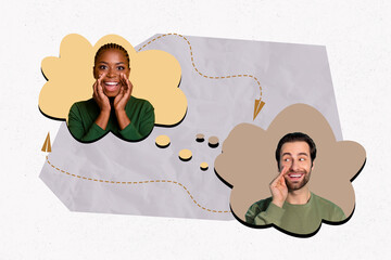 Creative composite illustration photo collage of funky tricky excited people talk rumors in online...