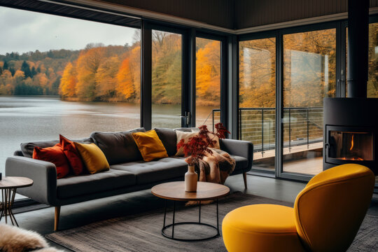 Fototapeta Cozy and colorful living room in a beautiful rustic cottage with big windows and views of the lake or river and forest, Scandinavian interior design