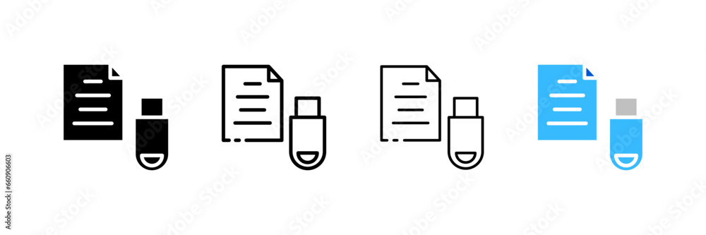 Aufkleber flash drive with icon file. different styles, file transfer, files on a flash drive. vector icons