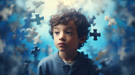 Portrait of a thoughtful Boy surrounded by lots of blue puzzles. A child with autism spectrum syndrome - obrazy, fototapety, plakaty
