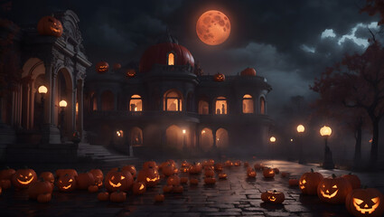 Fototapeta na wymiar Halloween atmosphere, terrifying night, blood moon, terrifying palace with illuminated pumpkins, halloween night scene
