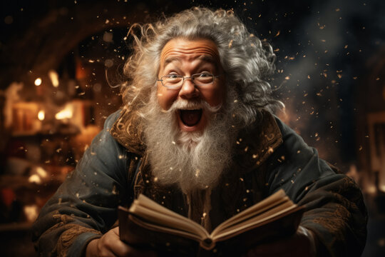 Cheerful amazed Santa Claus in workshop opening magic book. Christmas fairytale