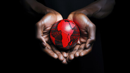 A red and black globe in the hands of a woman in close-up. - obrazy, fototapety, plakaty
