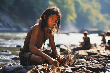 Captivating Cromagnon teenager crafting tools by a roaring river with an expansive forest and clear sky backdrop. - obrazy, fototapety, plakaty