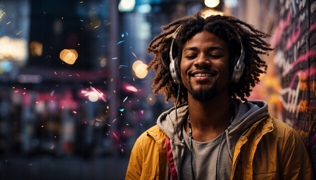 Young handsome african american man wearing headphones listening to music or podcast, smiling on colorful graffiti background street with lights. Banner, header. Generative AI.