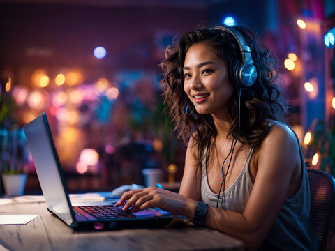 Young asian woman wearing headphones in front of laptop, smiling in a colorful neon room with lights at night. Online teacher, software engineer, twitch streamer, remote work. Generative AI.