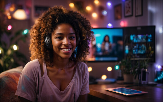 Young african american woman wearing headphones, poc in front of computer smiling in a room with lights at night. Online teacher, software engineer, twitch streamer. Generative AI.
