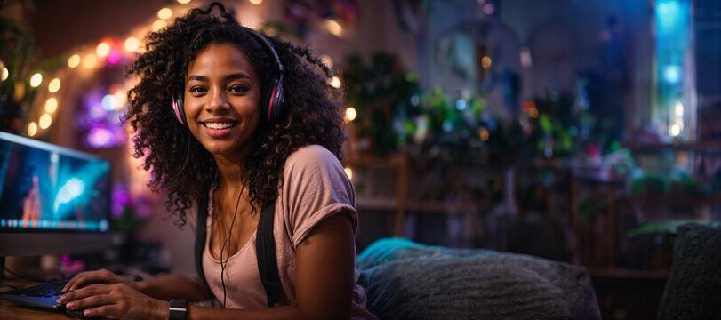 Young african american woman wearing headphones, poc in front of computer smiling in a room with lights at night. Online teacher, software engineer, twitch streamer. Panoramic banner. Generative AI.