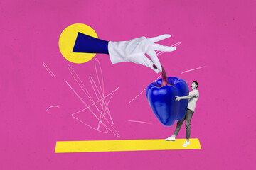 Composite creative illustration photo collage of large arm give blue pepper to shocked impressed...