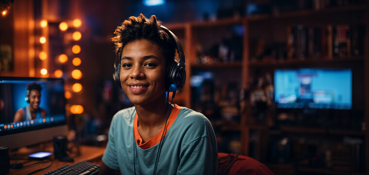 Young african american woman wearing headphones, poc in front of computer smiling in a room with lights at night. Online teacher, software engineer, twitch streamer. Panoramic banner. Generative AI.