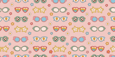 Sunglasses seamless pattern in retro groovy hippie style. Vector illustration 70s 80s