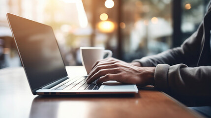 Close up of a person typing on a laptop, blurred background