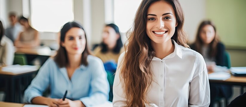 Smiling college student in classroom looking at camera With copyspace for text