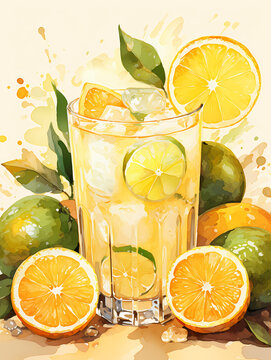 A Glass Of Lemonade With Limes And Ice