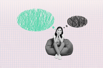 Collage picture of minded black white colors girl sit beanbag outed lips think painted bubble...