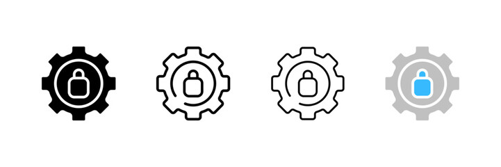Locked icon settings. Different styles, lock in the gear, locked settings. Vector icons
