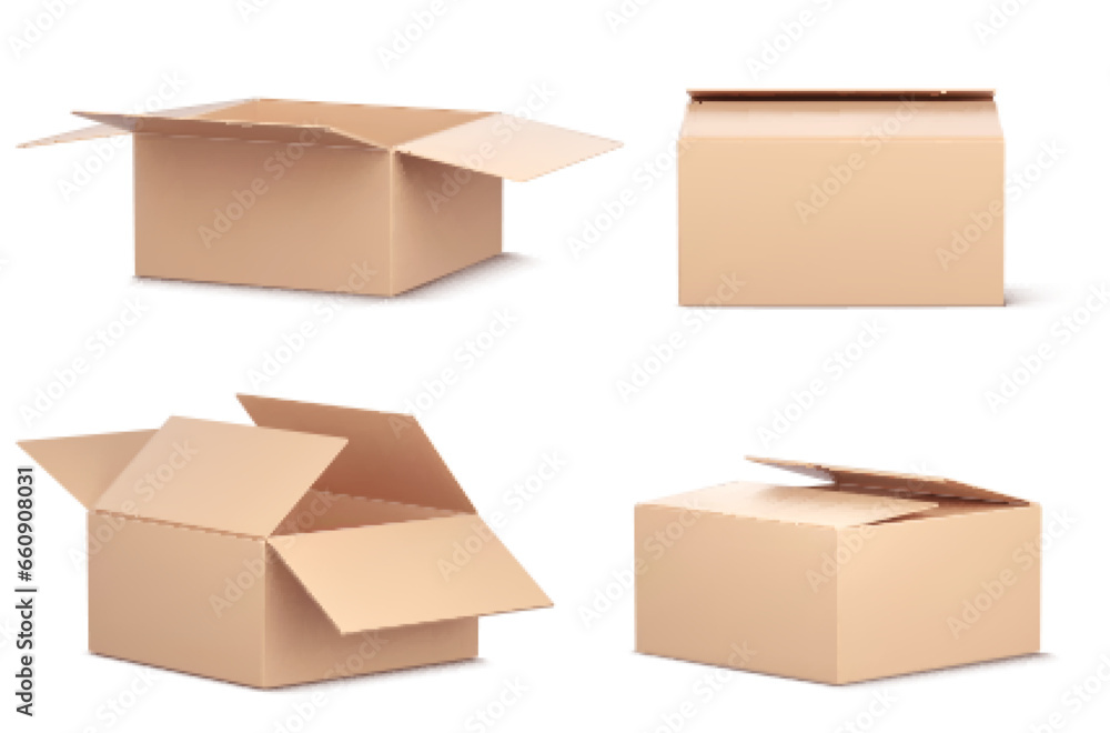 Poster 3d open empty delivery cardboard box vector icon. isolated brown parcel package for shop or warehous