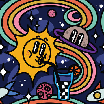 Retro trendy 90s Cartoon Style Pattern. Naive playful Space print, comic character with Sun, Rainbow, Rocket and Planets. Y2K Groovy funky vector illustration. Flat doodle design.