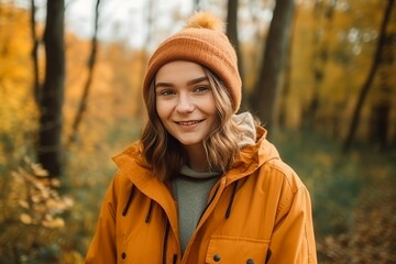Smiling girl autumn park. Pretty woman in fall yellow season. Generate ai