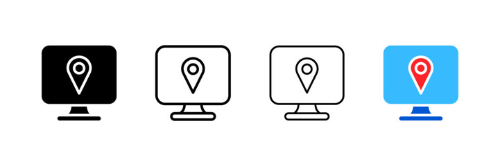 Geolocation icons on the computer. Different styles, geolocation on the screen, GPS functions. Vector icons