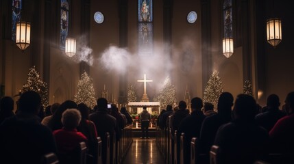 Middle of mass on Christmas Eve in a church with Christmas trees and lit with people in the pews - obrazy, fototapety, plakaty