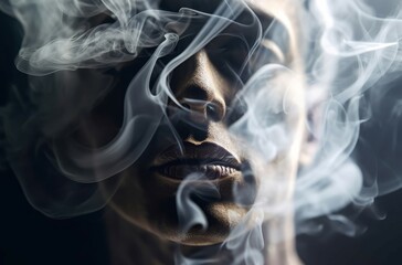 Fototapeta premium Smoke human ghostly face. Fashion person in dark fog smoke. Generate Ai