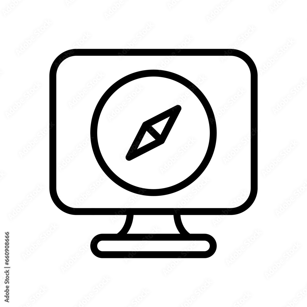 Poster compass icon on the screen. outline, compass on a computer, human geolocation. vector icons