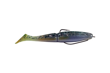 silicone fishing bait in the form of a fish isolated from the background