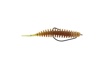 silicone fishing bait in the shape of an insect larva isolated from background