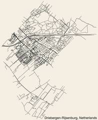 Detailed hand-drawn navigational urban street roads map of the Dutch city of DRIEBERGEN-RIJSENBURG, NETHERLANDS with solid road lines and name tag on vintage background
