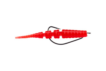 silicone fishing bait in the shape of an insect larva isolated from background