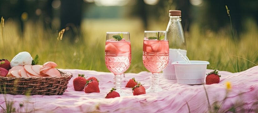 Picnic with pink drinks cocktails fruit plate and picnic basket in nature With copyspace for text