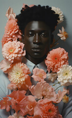 Portrait of a dark-skinned guy with African hairstyle and floral aražman around.