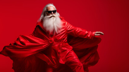 Handsome Santa Claus moving in fashion costume on red background. space for text