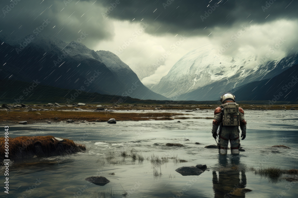 Aufkleber rear view of astronaut exploring planet while standing in the water