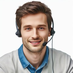 Handsome customer service support operator wearing a headset, isolated on white background