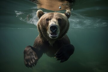 Swimming bear underwater. Brown bear wildlife fishing in river. Generate ai