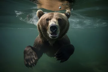 Foto auf Leinwand Swimming bear underwater. Brown bear wildlife fishing in river. Generate ai © nsit0108