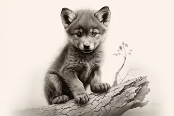 Fotobehang Charming wolf cub drawing. Generative AI © Emmett